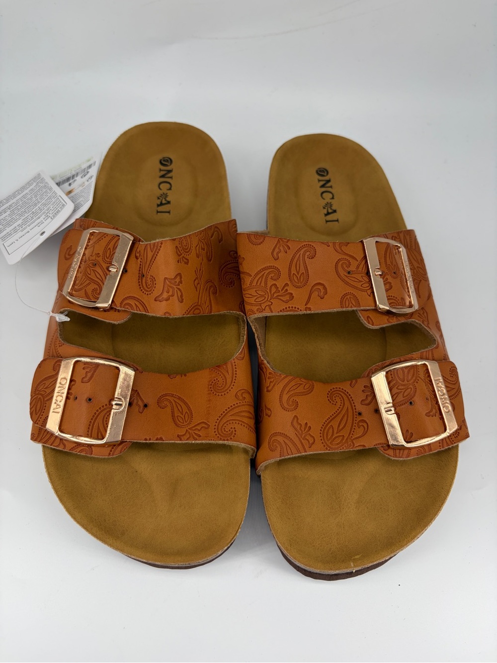 ONCAI Double Buckle Paisley Slide Sandals in Tan